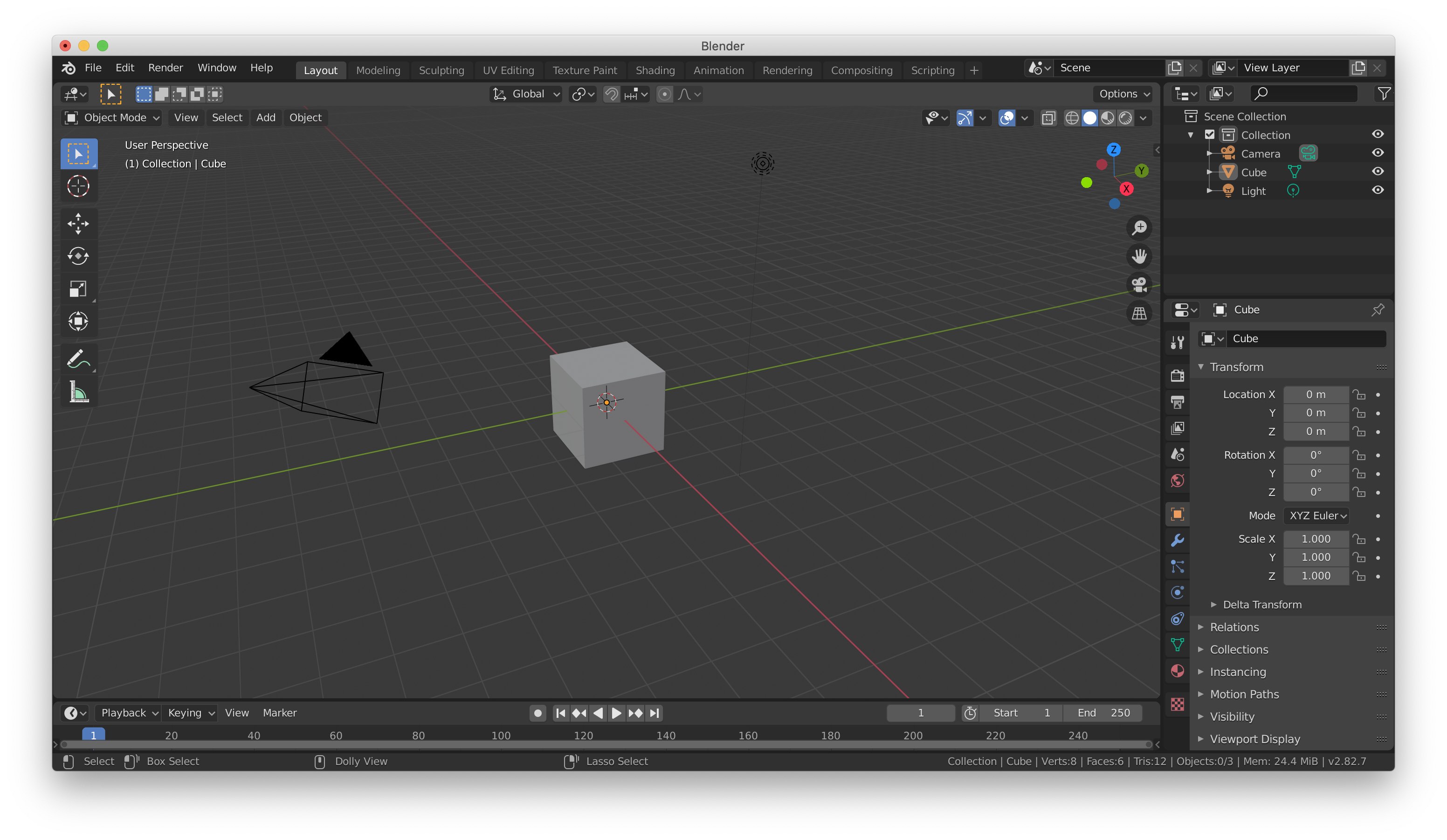 A default Blender scene fit with default cube, point light, and camera.