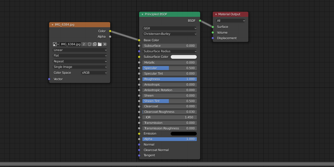 Some nodes in the Blender shader editor. An image texture node connects to a Principled BSDF node. The BSDF node then connects to the material output node.