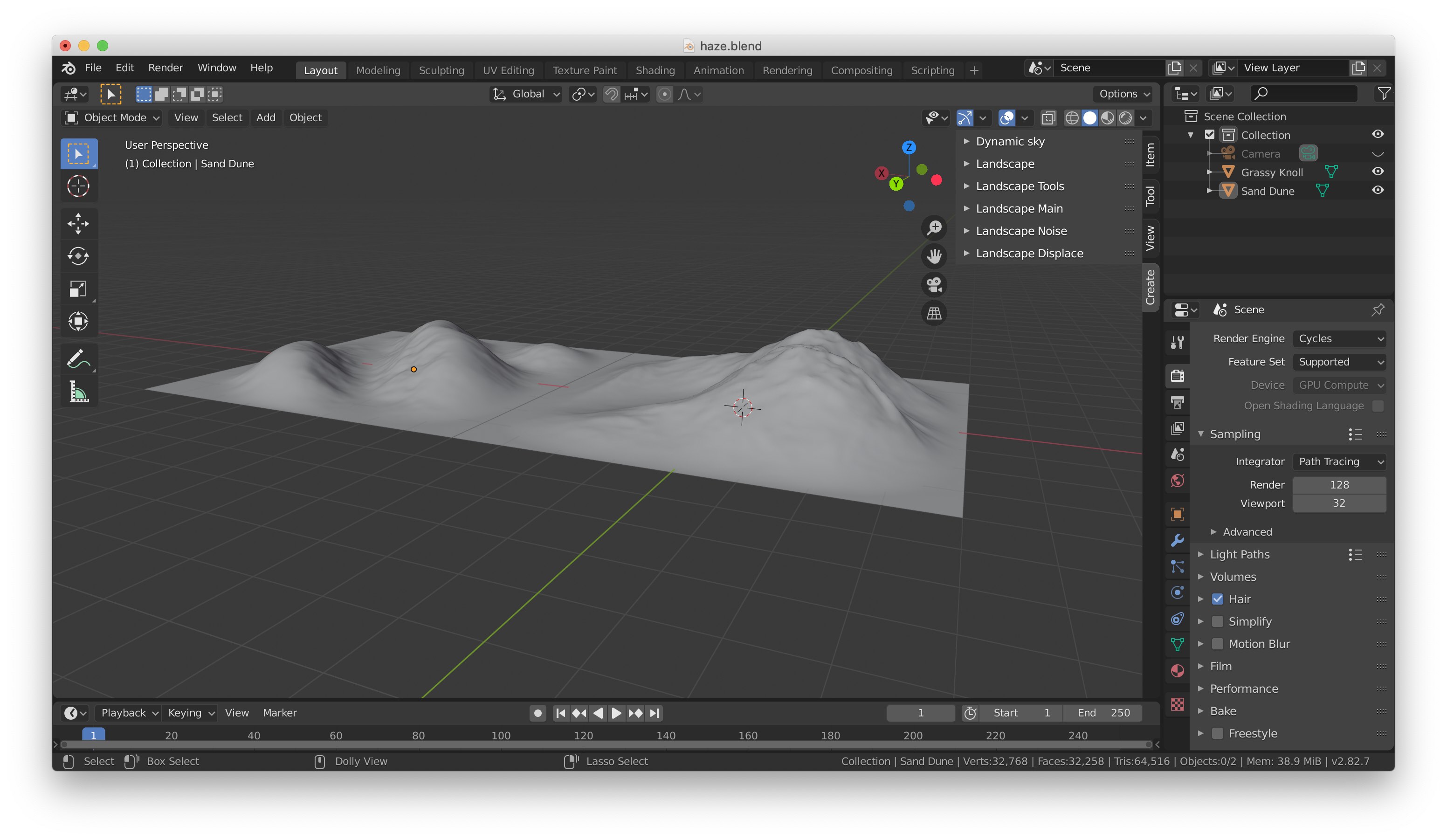 The gray, texture-less models of the knoll and dunes.