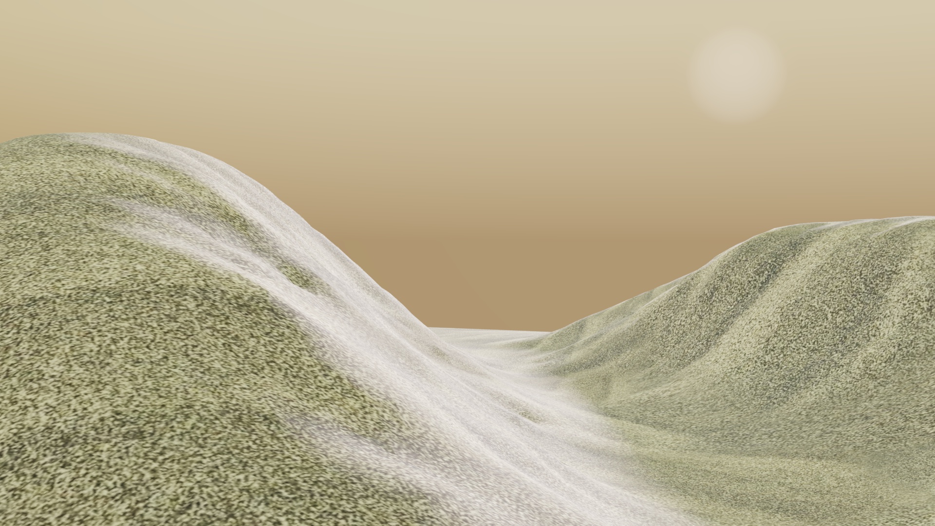 The sun is in the top right corner as you look over rolling sand dunes.