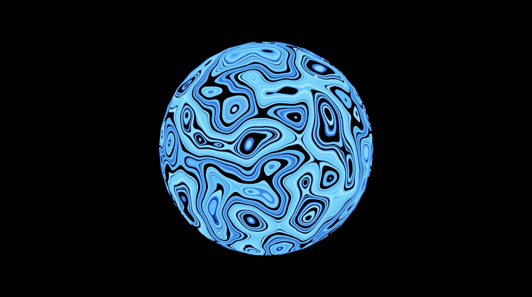A large sphere with wavey black designs. It emits bright blue light.