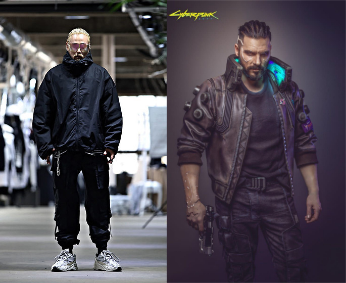 A photo of a real person in a techwear outfit next to another character from the Cyberpunk 2077 game.
