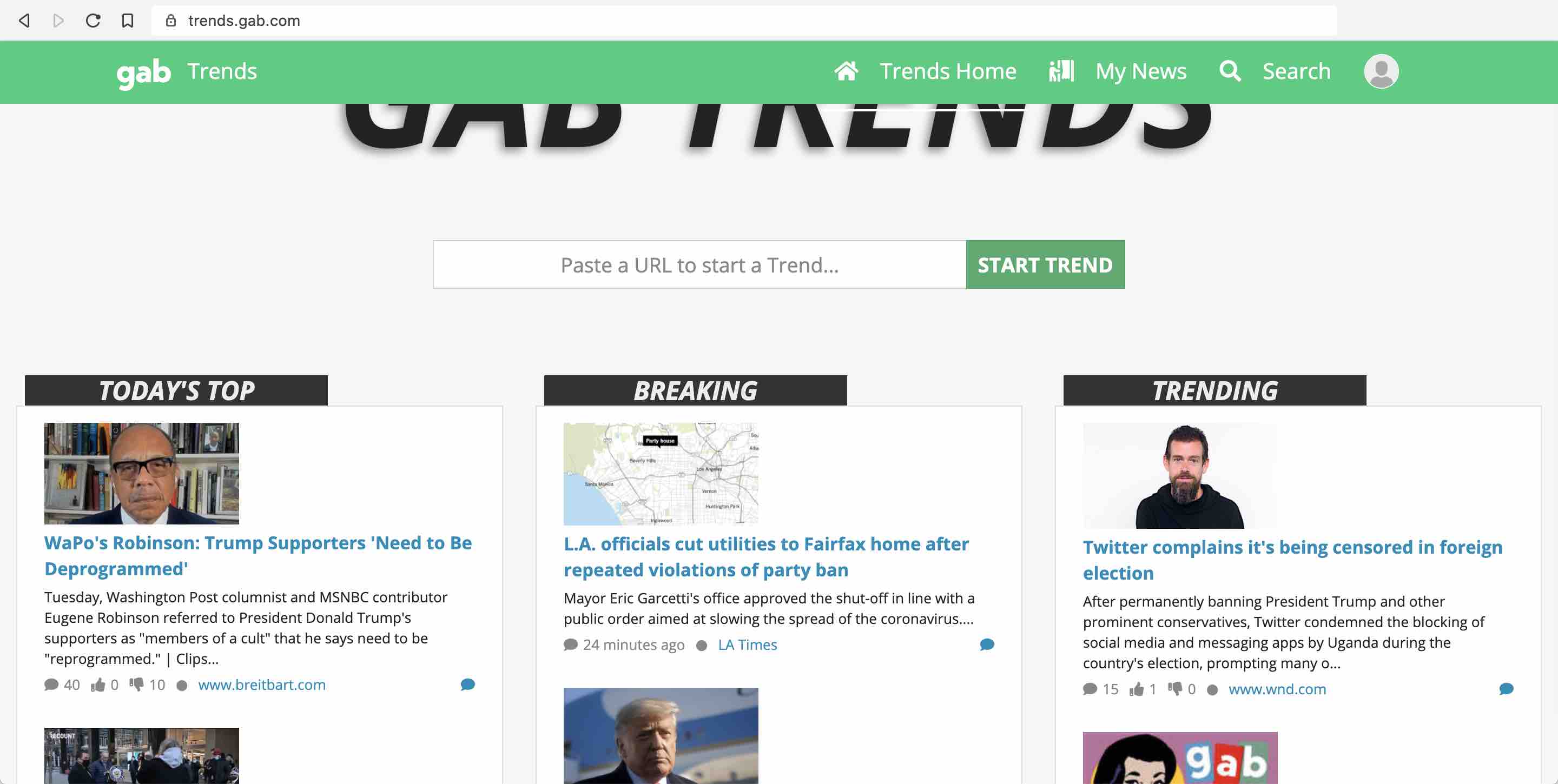 The trends.gab.com homepage after scrolling down just below the fold, showing the latest trending articles.